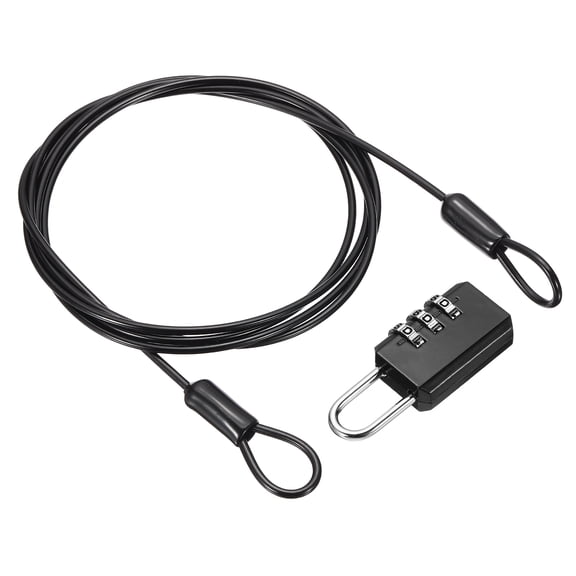 Uxcell Security Cable with 3 Digit Combination Lock, (4.92ft x 3/32", Black), Braided Stainless Steel Safety Cable Wire Rope with Double Loop, Suit for Suitcase/Bicycle/Cabinets