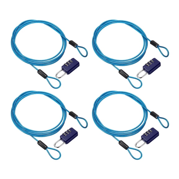 Uxcell Security Cable with 3 Digit Combination Lock, (4.92ft x 3/32", Blue)(4Set), Braided Stainless Steel Safety Cable Wire Rope with Double Loop, Suit for Suitcase/Bicycle/Cabinets