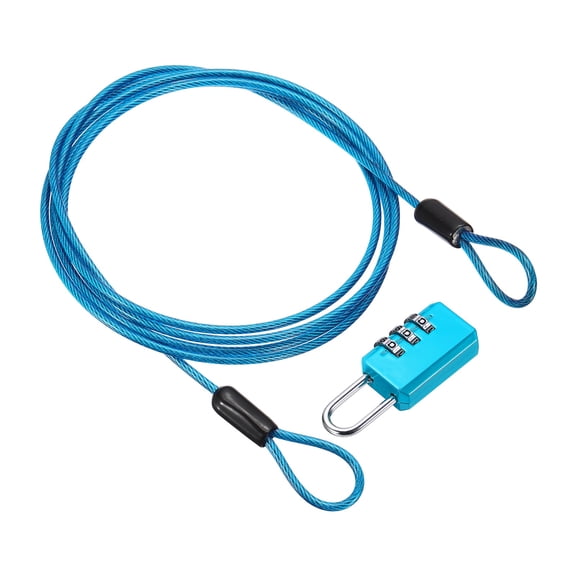 Uxcell Security Cable with 3 Digit Combination Lock, (4.92ft x 3/32", Blue), Braided Stainless Steel Safety Cable Wire Rope with Double Loop, Suit for Suitcase/Bicycle/Cabinets