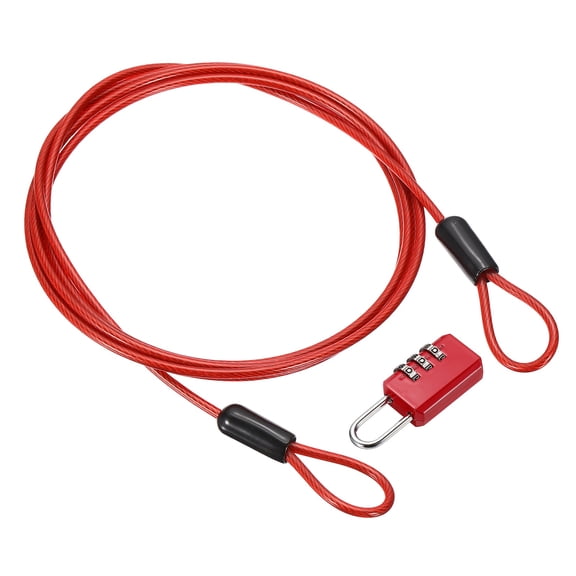 Uxcell Security Cable with 3 Digit Combination Lock, (4.92ft x 3/32", Red), Braided Stainless Steel Safety Cable Wire Rope with Double Loop, Suit for Suitcase/Bicycle/Cabinets