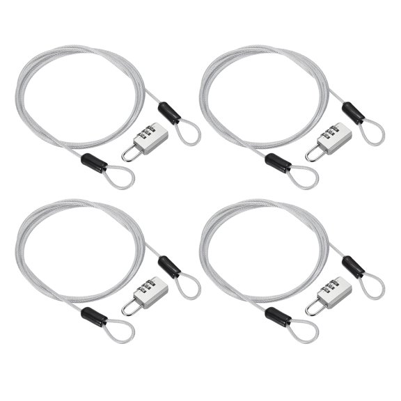 Uxcell Security Cable with 3 Digit Combination Lock, (4.92ft x 3/32", Silver)(4Set), Braided Stainless Steel Safety Cable Wire Rope with Double Loop, Suit for Suitcase/Bicycle/Cabinets