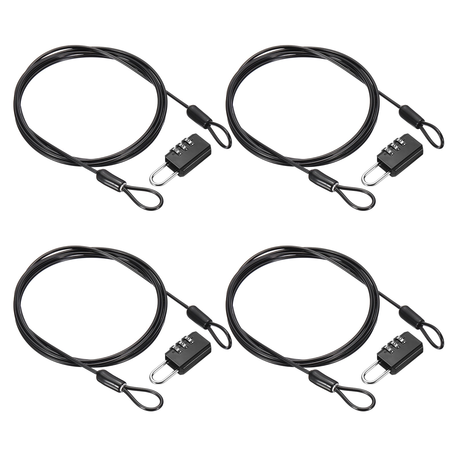Uxcell Security Cable with 3 Digit Combination Lock, (6.56ft x 3/32", Black)(4Set), Braided Stainless Steel Safety Cable Wire Rope with Double Loop, Suit for Suitcase/Bicycle/Cabinets