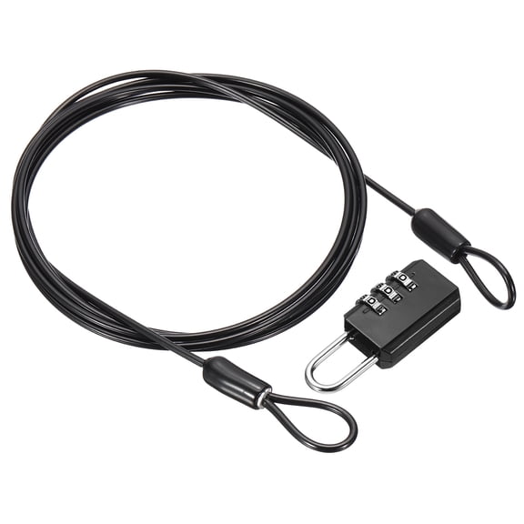 Uxcell Security Cable with 3 Digit Combination Lock, (6.56ft x 3/32", Black), Braided Stainless Steel Safety Cable Wire Rope with Double Loop, Suit for Suitcase/Bicycle/Cabinets