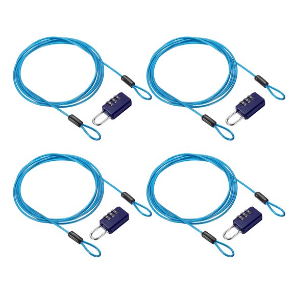 Uxcell Security Cable with 3 Digit Combination Lock, (6.56ft x 3/32", Blue)(4Set), Braided Stainless Steel Safety Cable Wire Rope with Double Loop, Suit for Suitcase/Bicycle/Cabinets