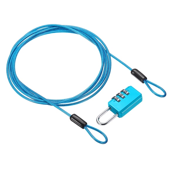 Uxcell Security Cable with 3 Digit Combination Lock, (6.56ft x 3/32", Blue), Braided Stainless Steel Safety Cable Wire Rope with Double Loop, Suit for Suitcase/Bicycle/Cabinets