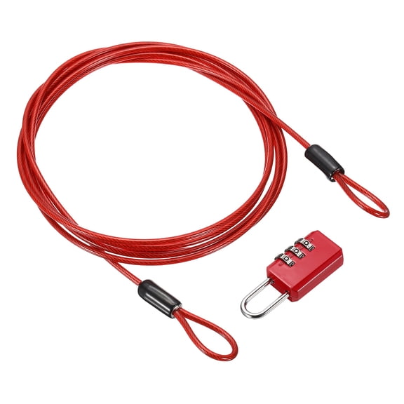 Uxcell Security Cable with 3 Digit Combination Lock, (6.56ft x 3/32", Red), Braided Stainless Steel Safety Cable Wire Rope with Double Loop, Suit for Suitcase/Bicycle/Cabinets