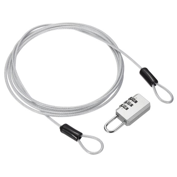 Uxcell Security Cable with 3 Digit Combination Lock, (6.56ft x 3/32", Silver), Braided Stainless Steel Safety Cable Wire Rope with Double Loop, Suit for Suitcase/Bicycle/Cabinets