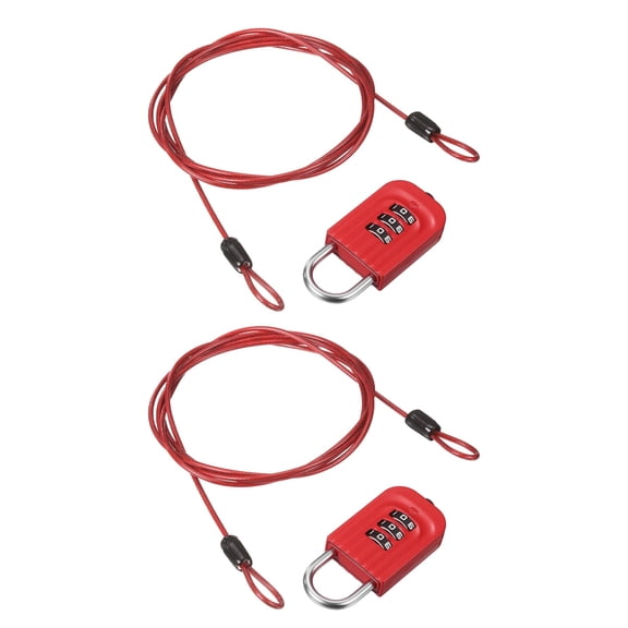Uxcell Security Cable with 3Digit Combination Lock, (4.92ft x 3/32", Red)(2Pcs), Braided Stainless Steel Safety Cable Wire Rope with Double Loop, Suit for Suitcase/Bicycle/Cabinets