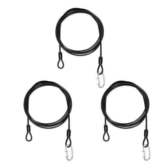 Uxcell Security Cable Lock (1/8" Dia 4.9ft, Black)(3 Set) Vinyl Coated 304 Stainless Steel Double Loop Flexible Wire Rope Safety Cable with Quick Links Locking Connectors