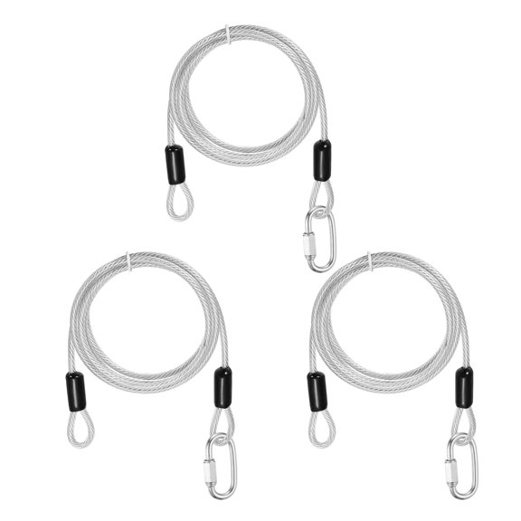 Uxcell Security Cable Lock (3/16" Dia 4.9ft, Clear)(3 Set) Vinyl Coated 304 Stainless Steel Double Loop Flexible Wire Rope Safety Cable with Quick Links Locking Connectors