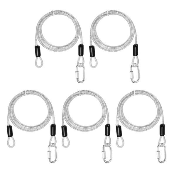 Uxcell Security Cable Lock (3/16" Dia 4.9ft, Clear)(5 Set) Vinyl Coated 304 Stainless Steel Double Loop Flexible Wire Rope Safety Cable with Quick Links Locking Connectors