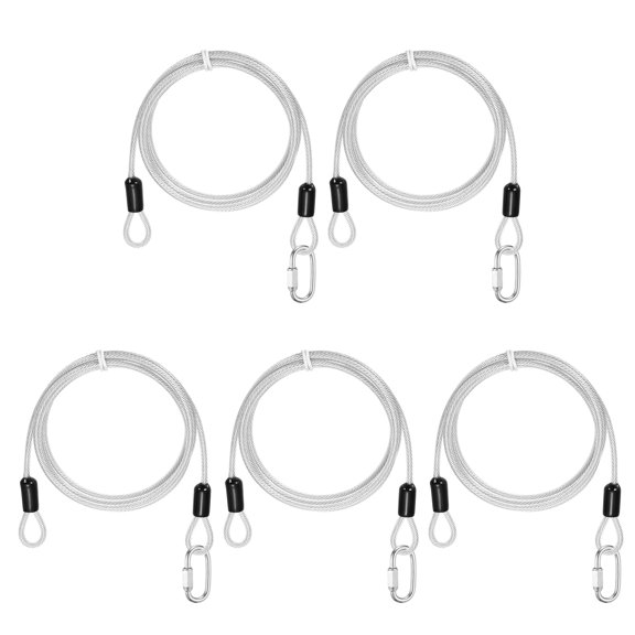 Uxcell Security Cable Lock (5/32" Dia 4.9ft, Clear)(5 Set) Vinyl Coated 304 Stainless Steel Double Loop Flexible Wire Rope Safety Cable with Quick Links Locking Connectors