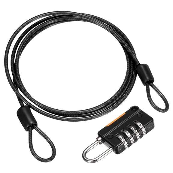 Uxcell Security Steel Cable with 4 Digit Combination Lock, 3.3Ft Coated Safety Black Wire Rope Double Loop Padlock