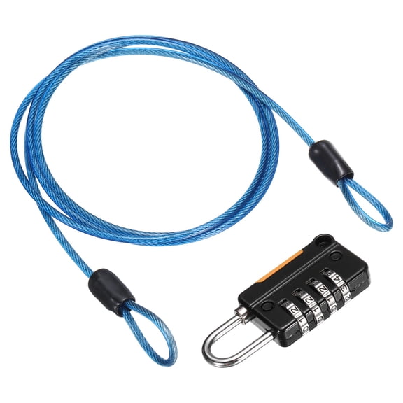 Uxcell Security Steel Cable with 4 Digit Combination Lock, 3.3Ft Coated Safety Blue Wire Rope Double Loop Padlock