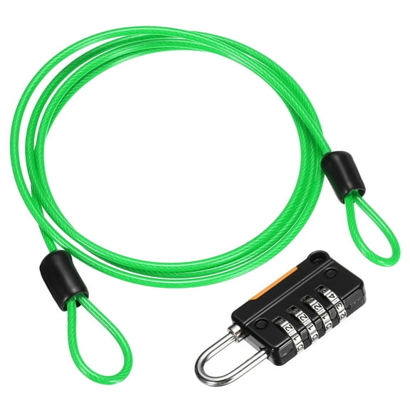Uxcell Security Steel Cable with 4 Digit Combination Lock, 3.3Ft Coated Safety Green Wire Rope Double Loop Padlock