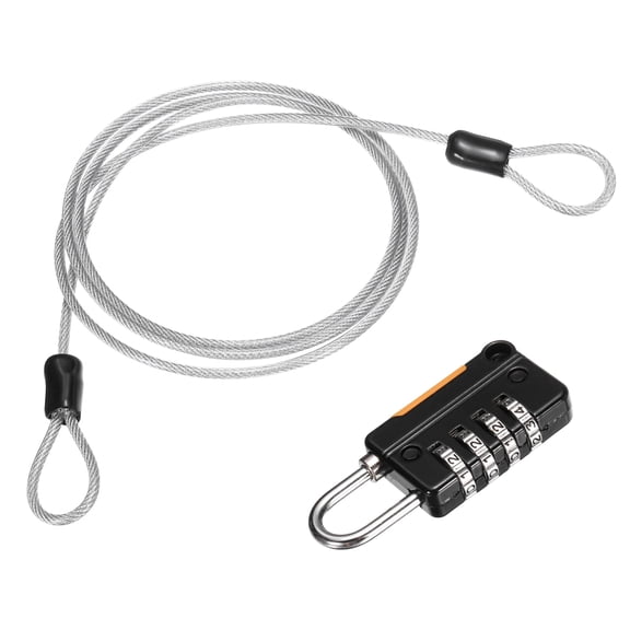 Uxcell Security Steel Cable with 4 Digit Combination Lock, 3.3Ft Coated Safety Silver Wire Rope Double Loop Padlock