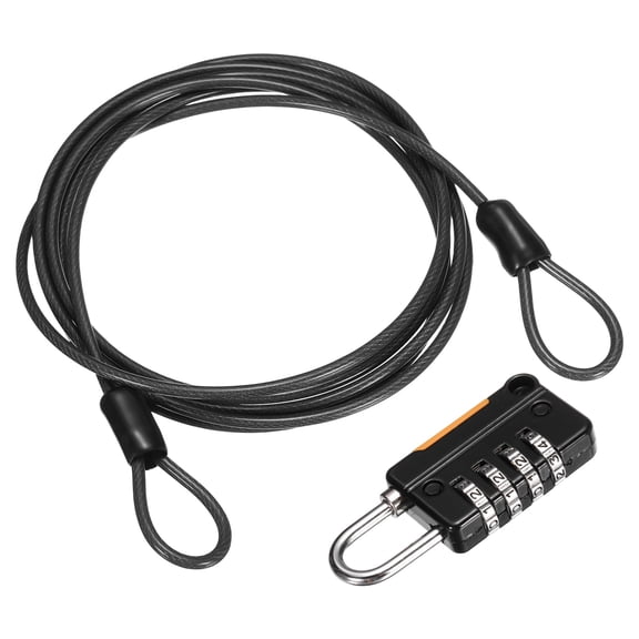 Uxcell Security Steel Cable with 4 Digit Combination Lock, 4.9Ft Coated Safety Black Wire Rope Double Loop Padlock