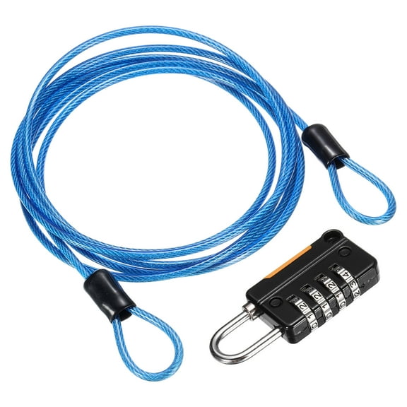 Uxcell Security Steel Cable with 4 Digit Combination Lock, 4.9Ft Coated Safety Blue Wire Rope Double Loop Padlock