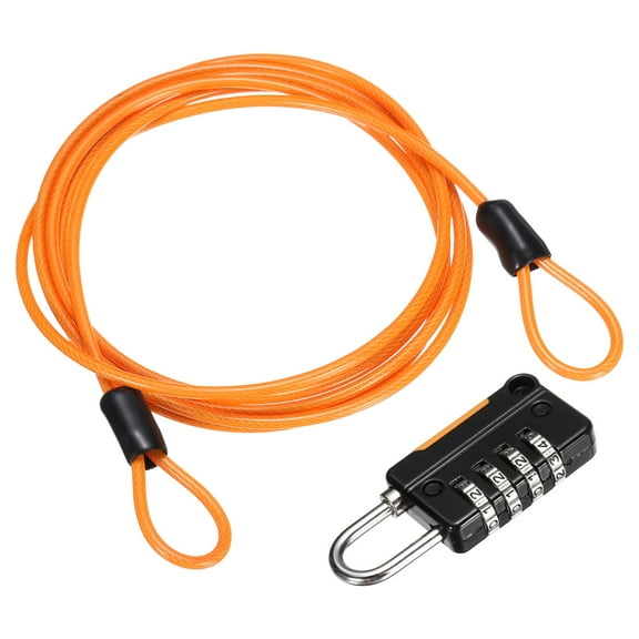 Uxcell Security Steel Cable with 4 Digit Combination Lock, 4.9Ft Coated Safety Orange Wire Rope Double Loop Padlock