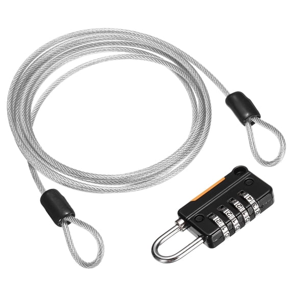 Uxcell Security Steel Cable with 4 Digit Combination Lock, 4.9Ft Coated Safety Silver Wire Rope Double Loop Padlock