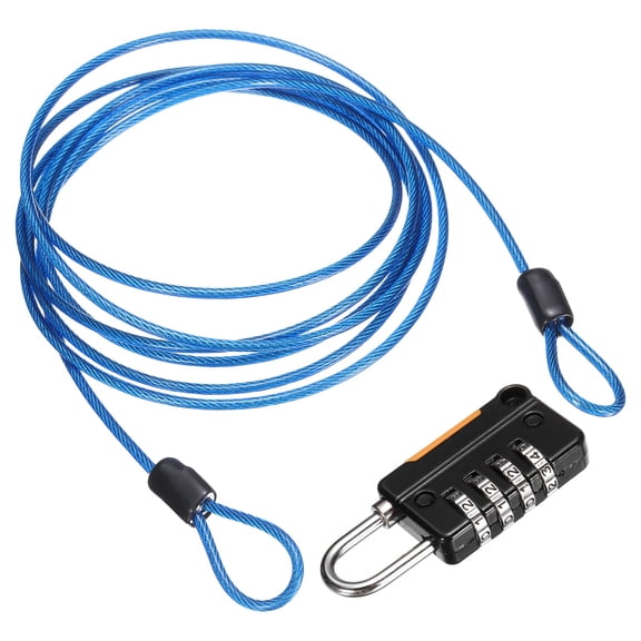 Uxcell Security Steel Cable with 4 Digit Combination Lock, 6.6Ft Coated Safety Blue Wire Rope Double Loop Padlock