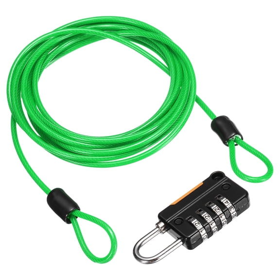 Uxcell Security Steel Cable with 4 Digit Combination Lock, 6.6Ft Coated Safety Green Wire Rope Double Loop Padlock