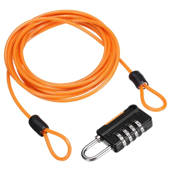 Uxcell Security Steel Cable with 4 Digit Combination Lock, 6.6Ft Coated Safety Orange Wire Rope Double Loop Padlock