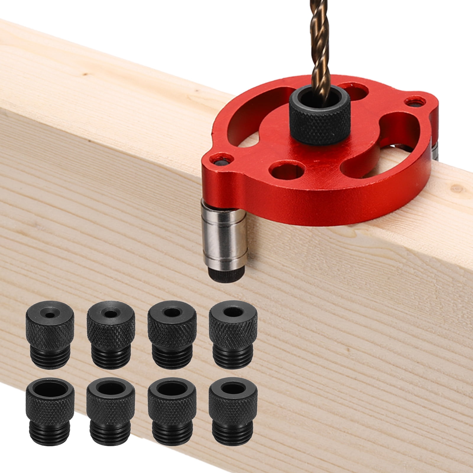 Uxcell Self Centering Doweling Jig Kit Straight Holes Puncher Dowel Jig Locator with Drill Bushings Woodworking Joints Tool for Precise Straight Holes, Red