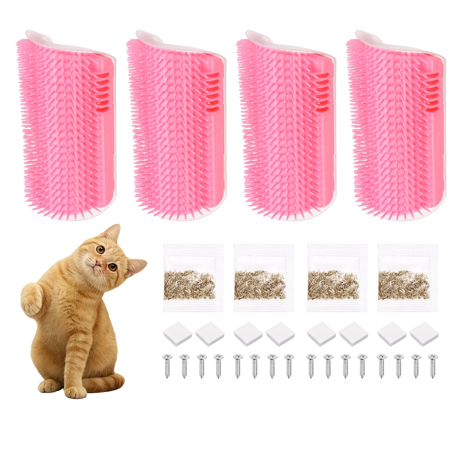 Uxcell Self Grooming Cat Brush, Cat Self Groomer Scratcher with Catnip Softer Cat Face Scratchers Wall Corner Groomer Massage Combs (4Pcs, L, Pink) for Long Short Fur Pets/Kittens/Puppies