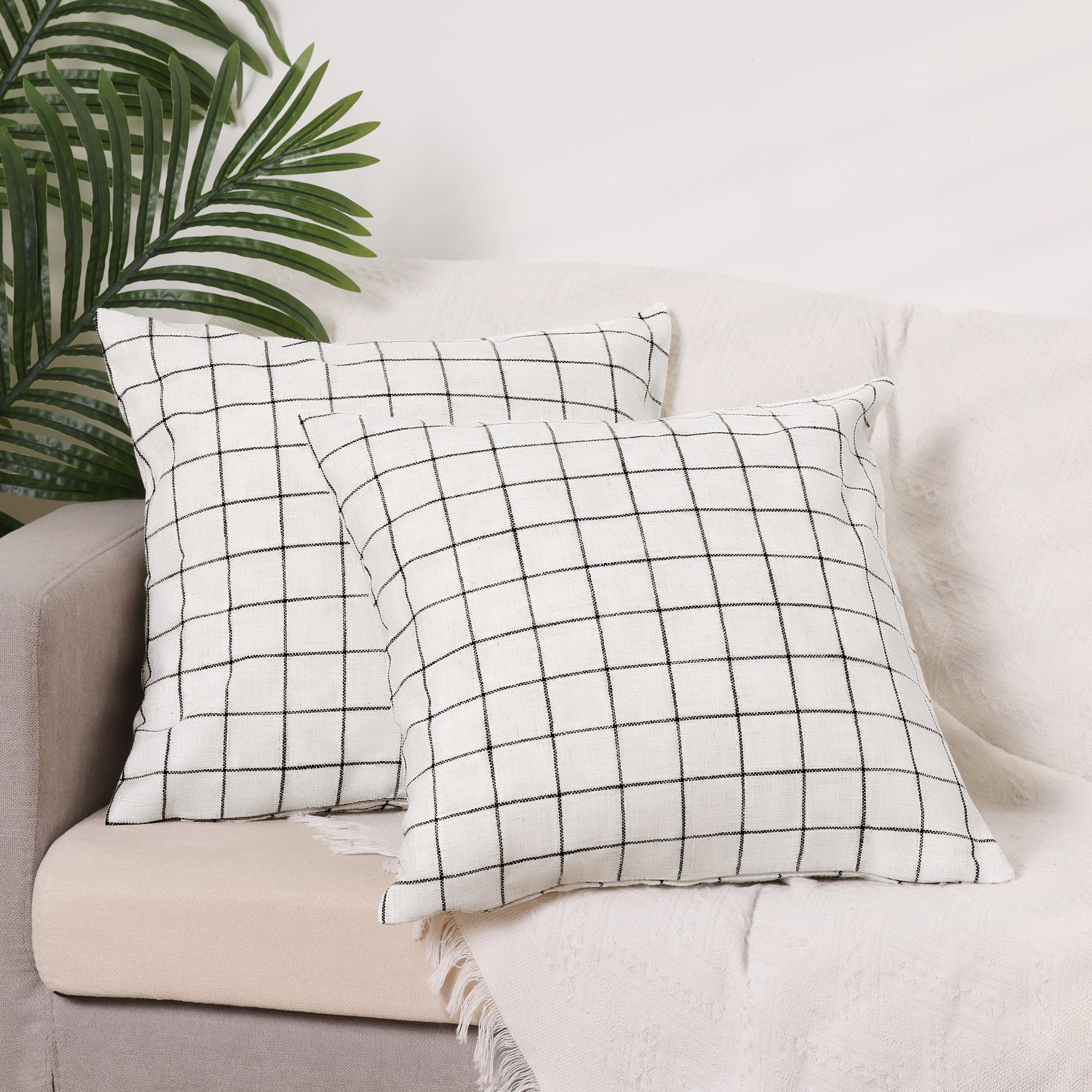 Beige Grid Linen 18" x 18" Decorative Throw Pillow Covers, Set of 2