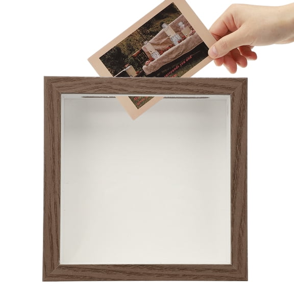 Uxcell Shadow Box with Slot, 5.9x5.9 in Top Loading Shadow Boxes Frame, Travel Adventure Archives Memory Display Cases for Travel Tickets, Walnut