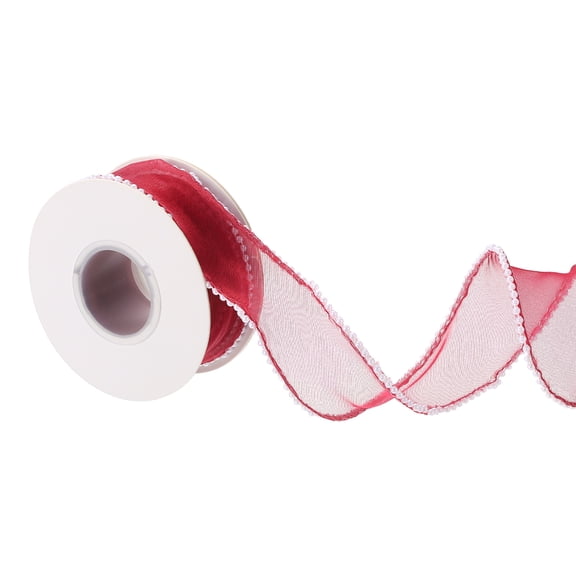 Uxcell Sheer Organza Wired Ribbon (2 Inch x 5 Yards) - Artificial Pearl Beaded Edges Ribbons, for Gift Wrapping Bows Bouquet Christmas Wedding Party Decor, Red