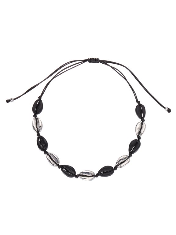 Shell Chokers Necklace, Handmade Adjustable Conch Sea Puka Shell Chokers Necklace Boho Summer Beach Jewelry Gifts for Women Men, Black Silver