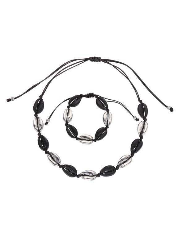 Shell Necklace Bracelet Set, Handmade Adjustable Shell Chokers Necklace Conch Sea Puka Bracelet Set Boho Summer Beach Jewelry Gifts for Women Men, Black Silver