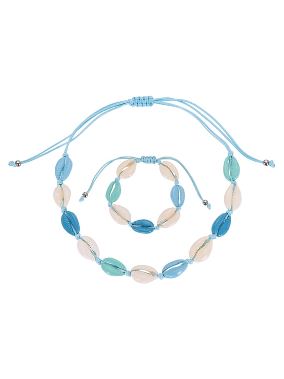 Shell Necklace Bracelet Set, Handmade Adjustable Shell Chokers Necklace Conch Sea Puka Bracelet Set Boho Summer Beach Jewelry Gifts for Women Men, Blue White