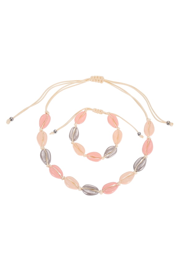 Shell Necklace Bracelet Set, Handmade Adjustable Shell Chokers Necklace Conch Sea Puka Bracelet Set Boho Summer Beach Jewelry Gifts for Women Men, Beige Pink Silver
