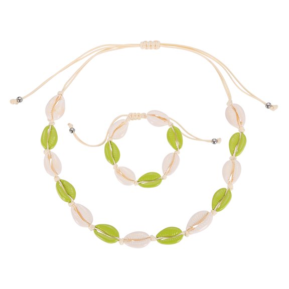 Uxcell Shell Necklace Bracelet Set, Handmade Adjustable Shell Chokers Necklace Conch Sea Puka Bracelet Set Boho Summer Beach Jewelry Gifts for Women Men, Grass Green White
