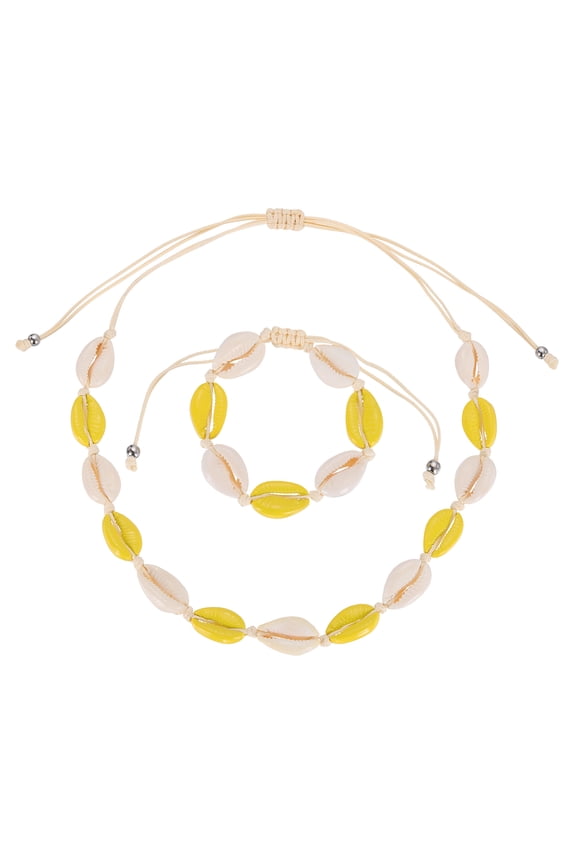 Shell Necklace Bracelet Set, Handmade Adjustable Shell Chokers Necklace Conch Sea Puka Bracelet Set Boho Summer Beach Jewelry Gifts for Women Men, Yellow White