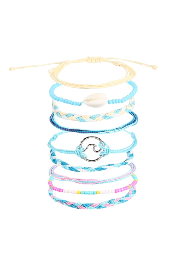 Shell Wave String Bracelets, 9 Pack Adjustable Handmade Bracelets Waterproof Braided Rope, Beige/Pink/Blue