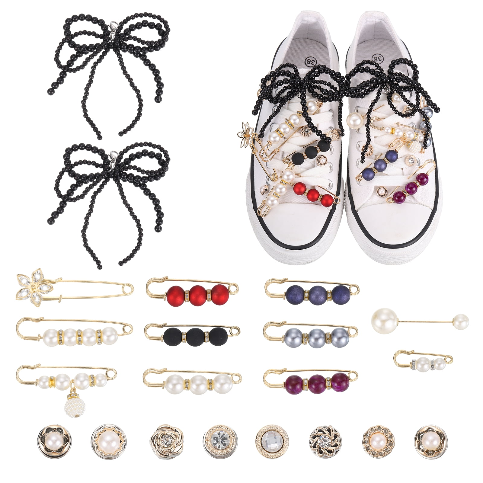 Uxcell Shoe Charm for Sneakers, Black Pearl Bows Shoelace Clips and