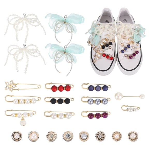 Uxcell Shoe Charm for Sneakers, White Pearl Bow and Mint Green Tulle Raw-Edge Fringe Bow Clips Shoelace Rhinestone Gold Brooches Accessories for Women Shoes, Hat, Clothing DIY Pack of 23