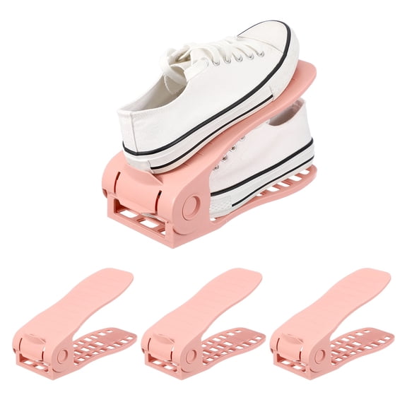 Uxcell Shoe Slot Organizer 4 Pcs, 10.2x3.9x7.1 Inch Shoe Stacker Double Layer 50% Space Saver for Storage Closet Rack Organization, Light Pink