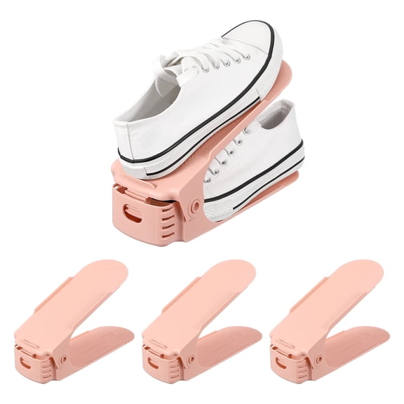 Uxcell Shoe Slot Organizer 4 Pcs, 9.8x3.5x7.1 Inch Shoe Stacker Double Layer 50% Space Saver for Storage Closet Rack Organization, Pink