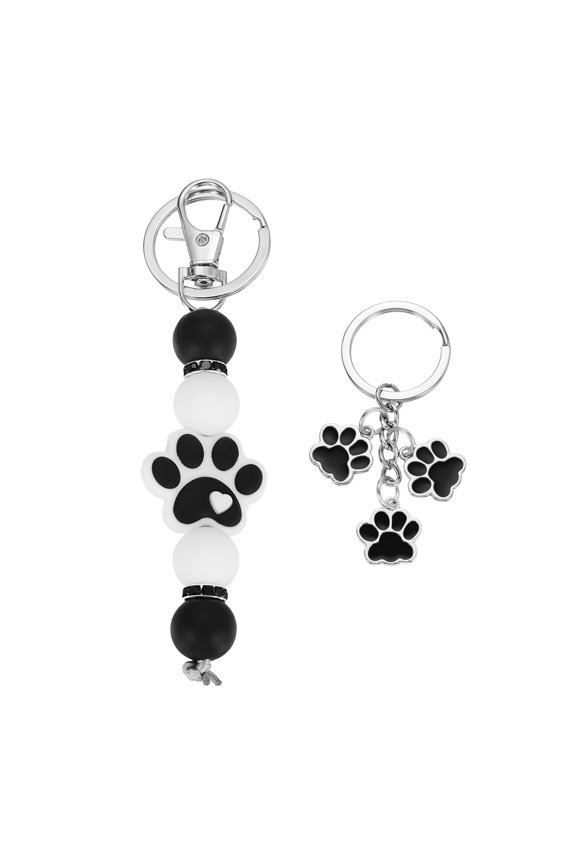 Silicone Beaded Dog Paw Keychain, Cat Paw Car Keyring Charm with Claw Key Chain for Women Bag Accessories Gifts, Black 2 Pack