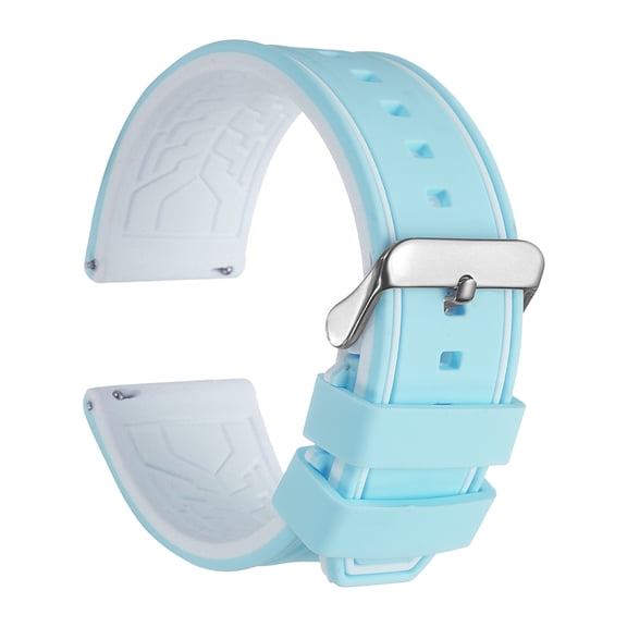 Uxcell Silicone Watch Bands 24mm Width Soft Quick Release Rubber Watch Bands with Silver Tone Buckle for Men Women, Light Blue White