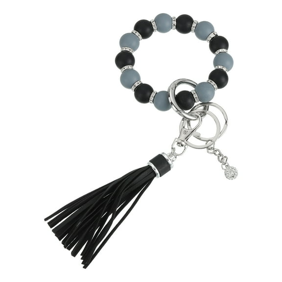 Uxcell Silicone Wristlet Keychain, Cute Beaded Wristlet Keychain Car Key Ring with Leather Tassel for Women, Black/Grey