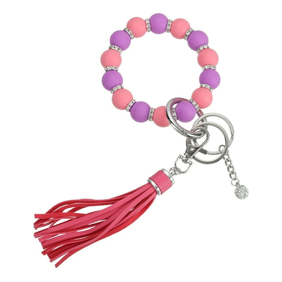 Uxcell Silicone Wristlet Keychain, Cute Beaded Wristlet Keychain Car Key Ring with Leather Tassel for Women, Purple/Pink