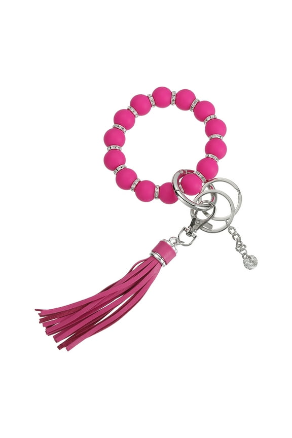 Silicone Wristlet Keychain, Cute Beaded Wristlet Keychain Car Key Ring with Leather Tassel for Women, Rose Pink