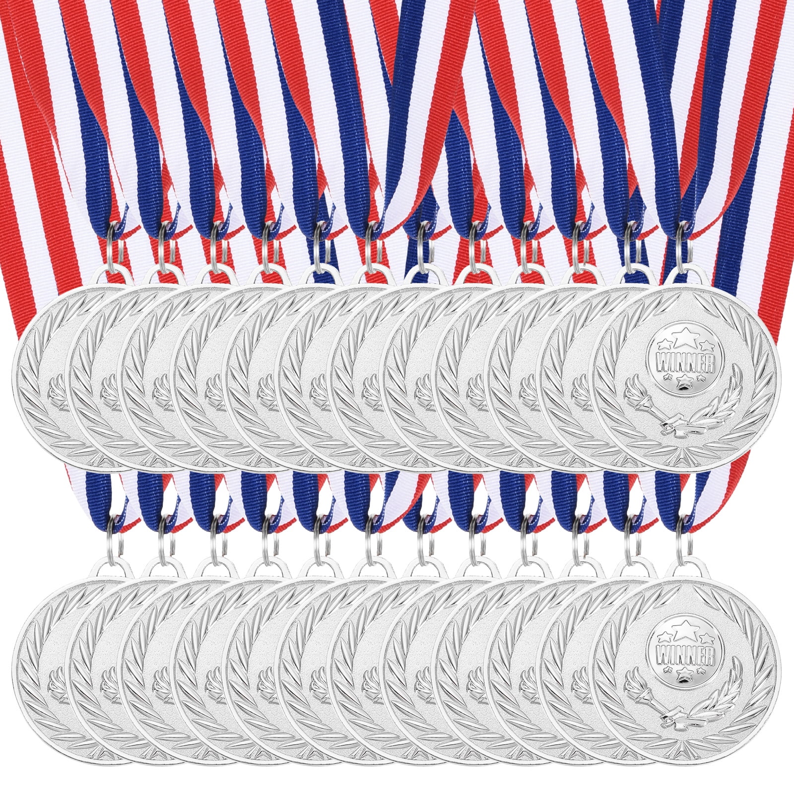 Uxcell Silver Award Medals 2 Inch, Metal Winner Medals with Neck Ribbon Trophy Pattern for Sports Competitions Games Party Favors 24 Pieces