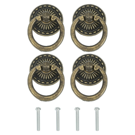 Single Hole Ring Pull 1.89x1.34" 4 Pcs Drawer Handles with Screws for Cabinet Wooden Box Case Wardrobe Cupboard Dresser Furniture Hardware Bronze Tone